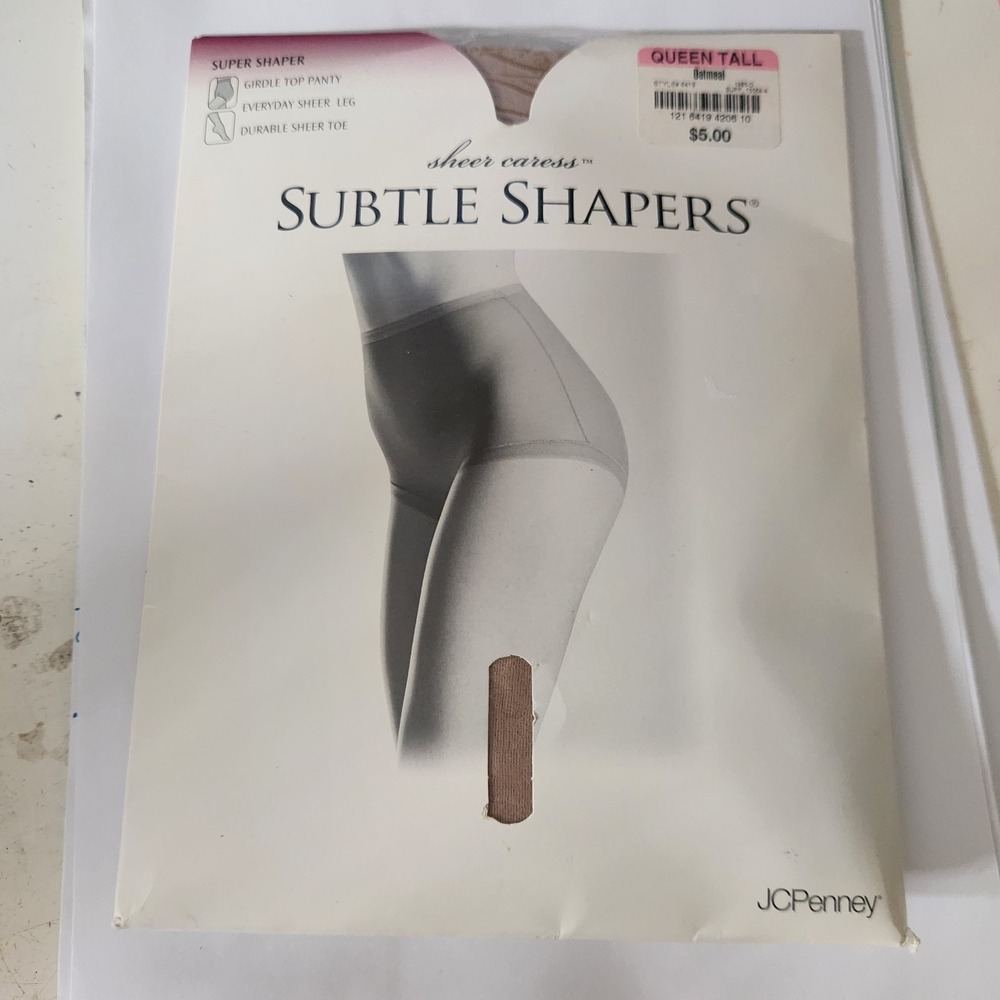 New JC Penney Sheer Caress Subtle Shapers Queen Tall Oatmeal Nylon Pantyhose